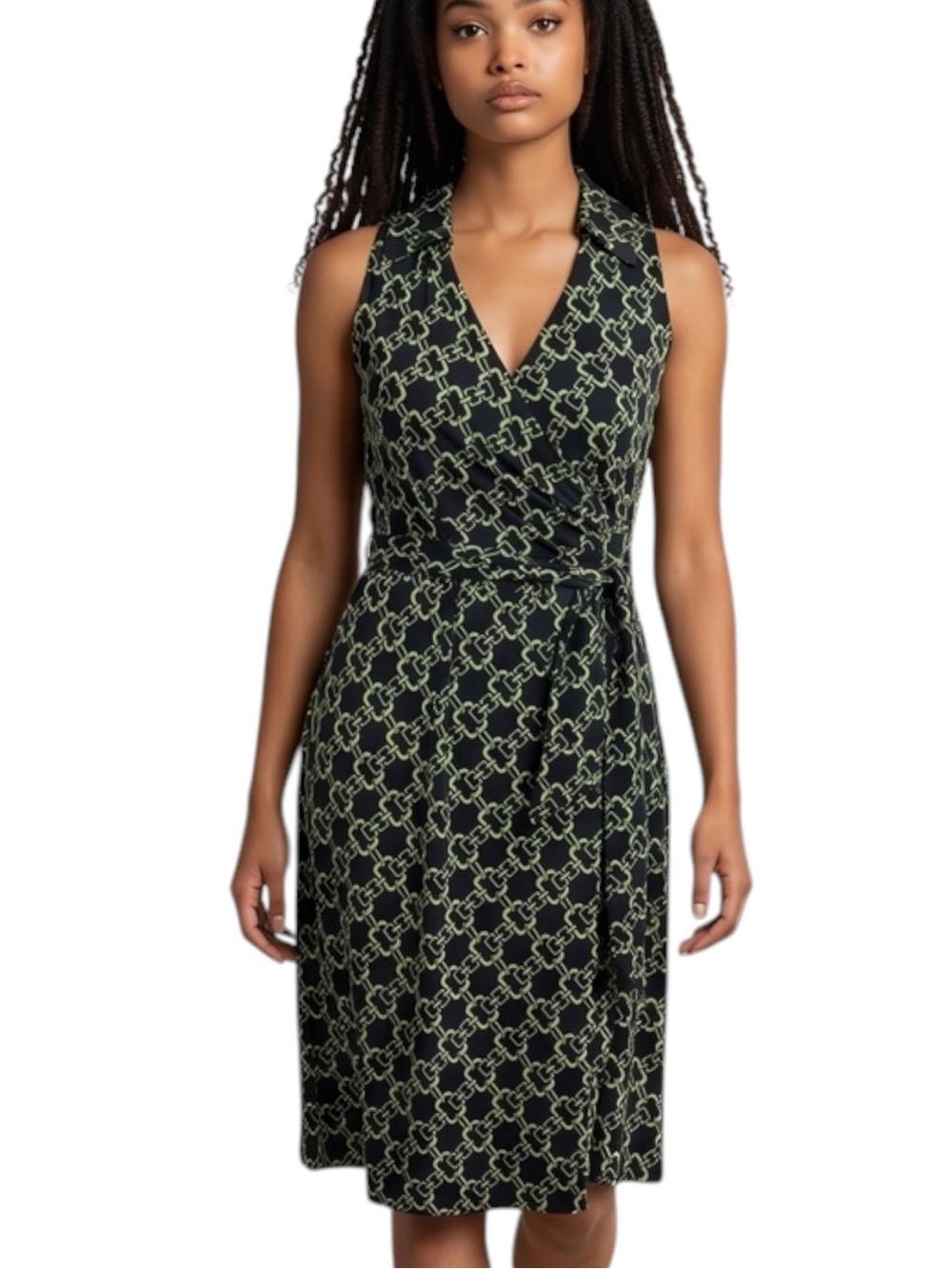 Kokoon Black Lime Chain Print Sleeveless Career Office Wrap Dress Size XS